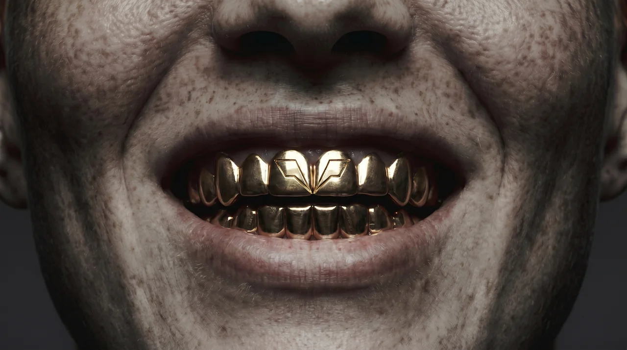 Primer plano de grills de oro con la marca grabada