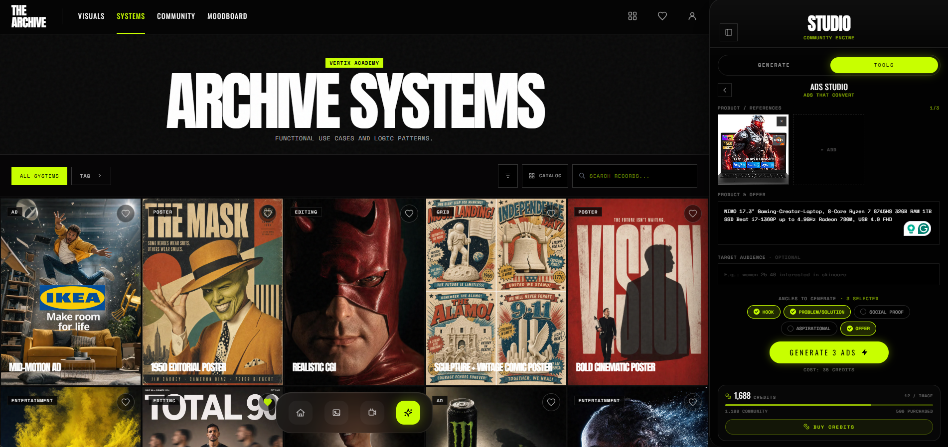 Interfaz de The Archive: catálogo de Systems con el panel Studio abierto